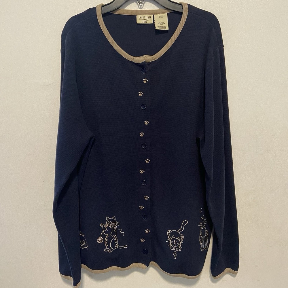 Essentials By Lee Women's Cardigan Size Large Button Down Cat And Paw Embroidery